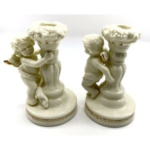 Tapered Candle Holders Cherub Angel Ceramic Gold Rim 2 Piece